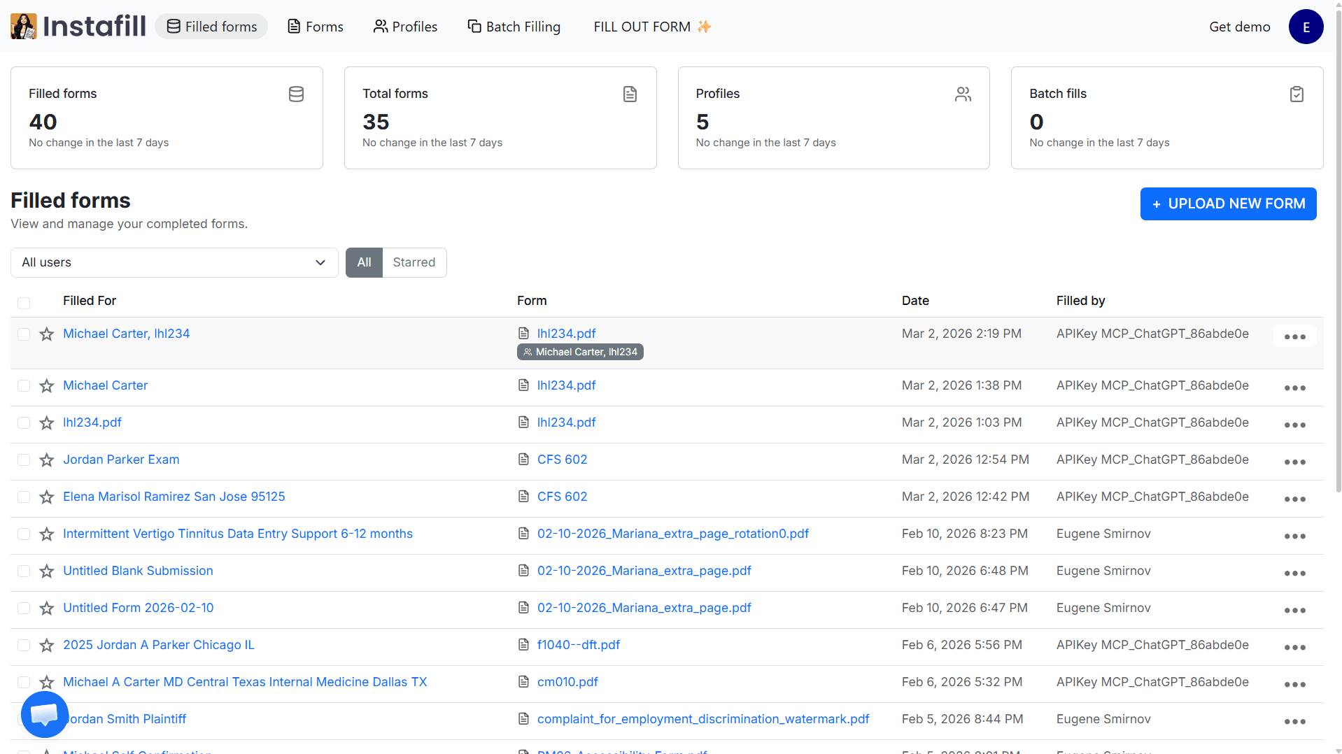 Official Instafill.ai filled forms dashboard with forms, profiles, and batch filling navigation