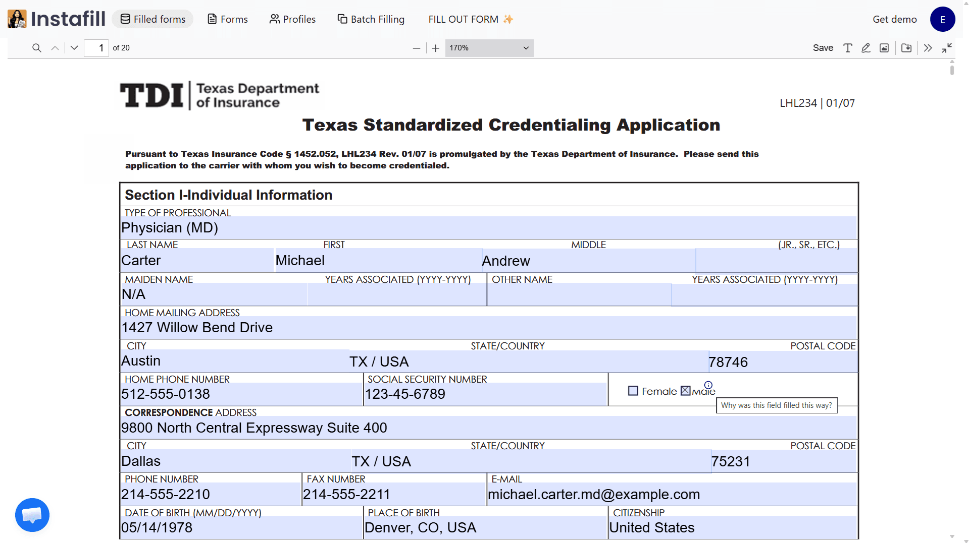 Official Instafill.ai visual PDF editor showing a completed credentialing application